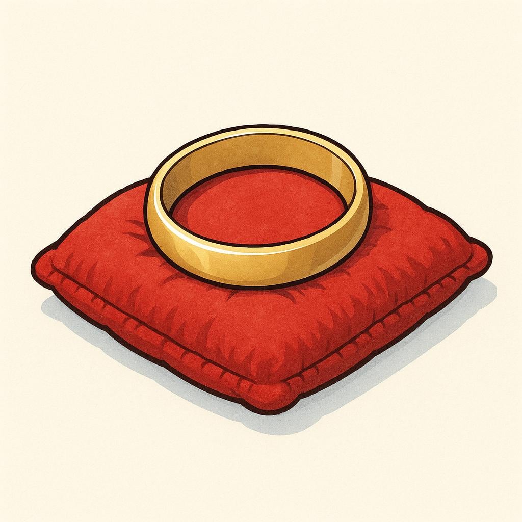 A close-up view of a single, plain gold wedding band resting on a vibrant red velvet cushion.
