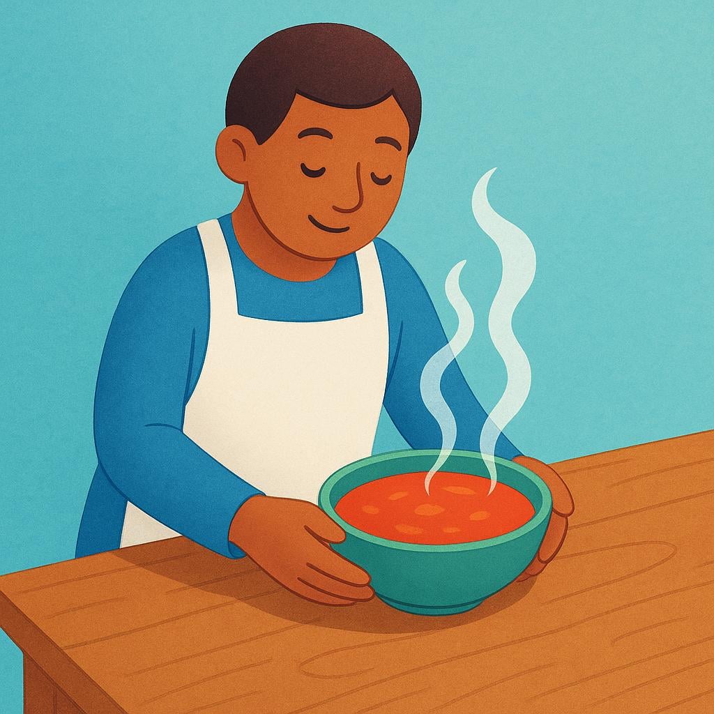 A person in a white apron carefully serving a bowl of steaming soup onto a wooden table.