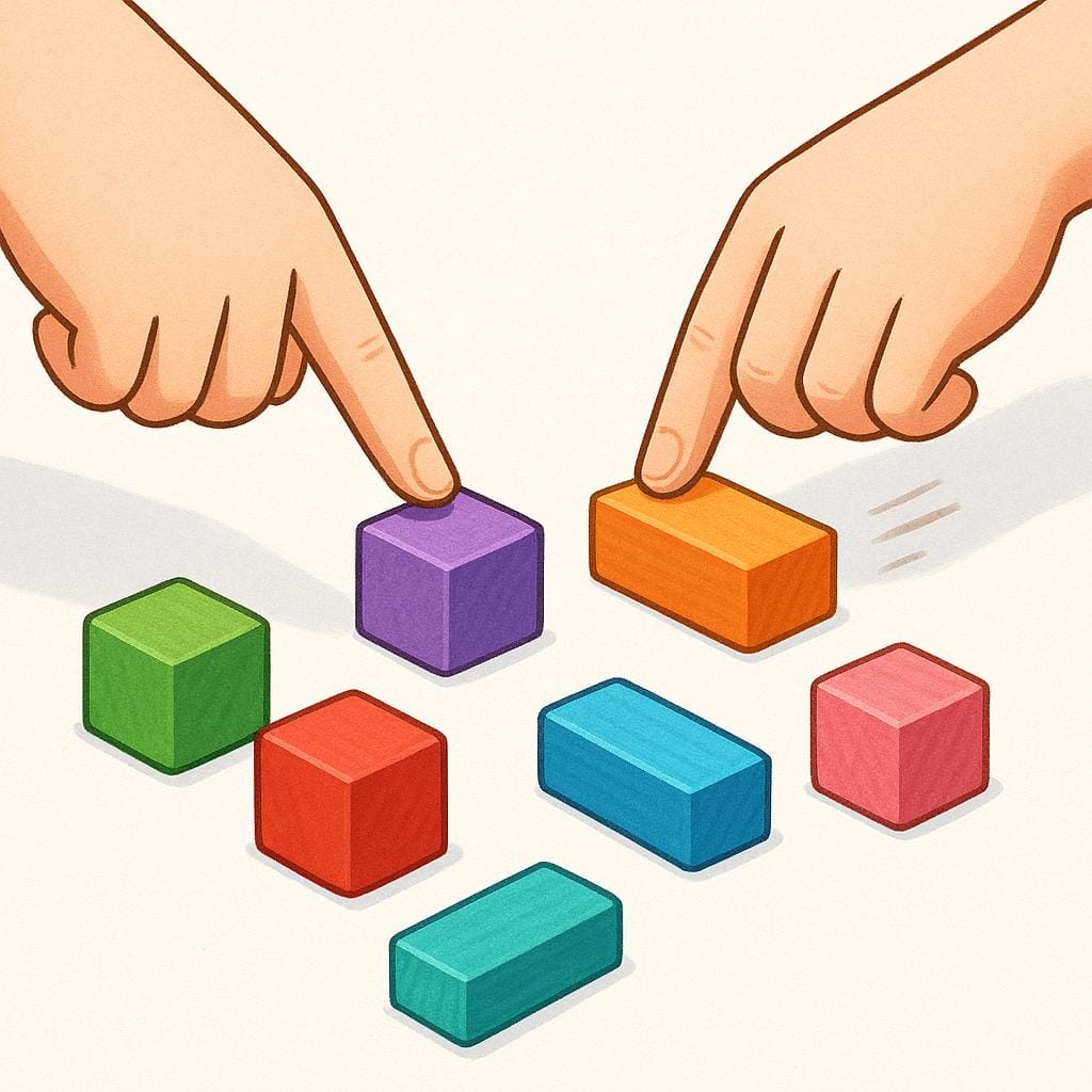 A person's hands actively pointing at and moving a small pile of colorful wooden blocks on a surface, illustrating the action of counting.