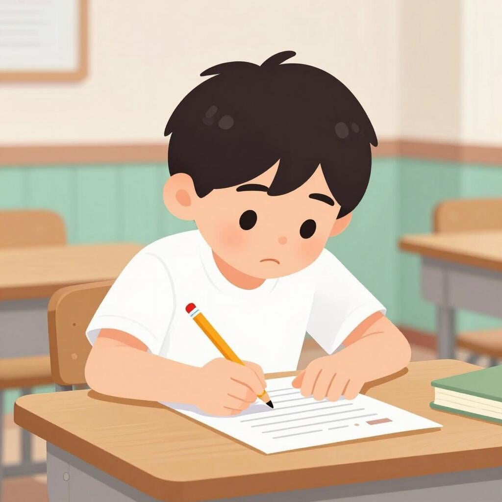 A child sitting at a wooden school desk, concentrating intensely while writing with a pencil on a sheet of paper, representing an academic test.