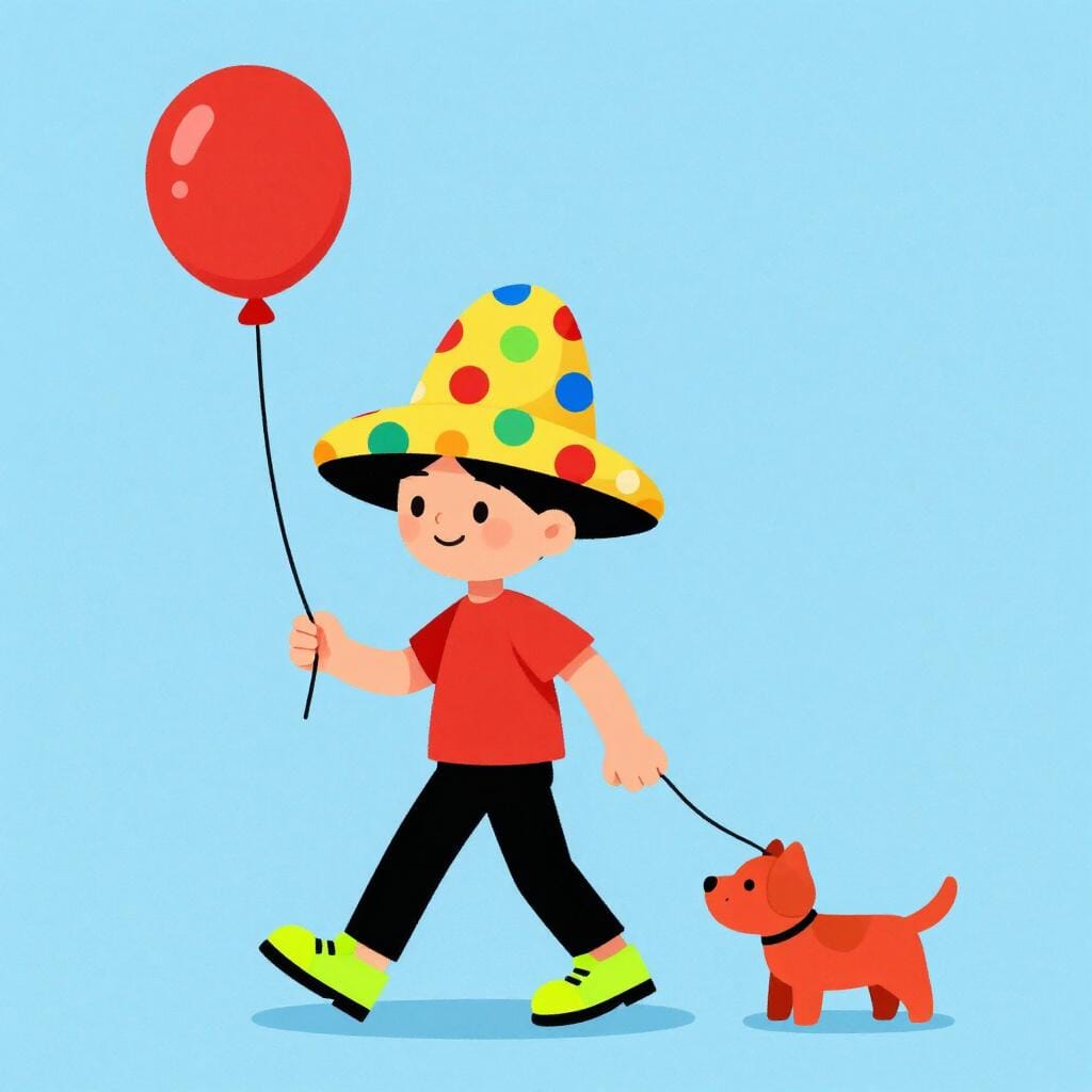 Een vriendelijke man met een gigantische kleurrijke polkadot-hoed en mismatched felle schoenen, die een ballon aan een touwtje uitlaat.