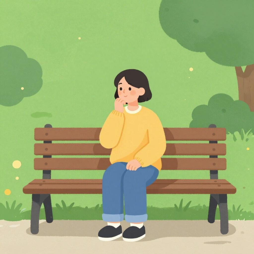 A person sitting calmly on a bench with their hand on their chin, looking thoughtful.