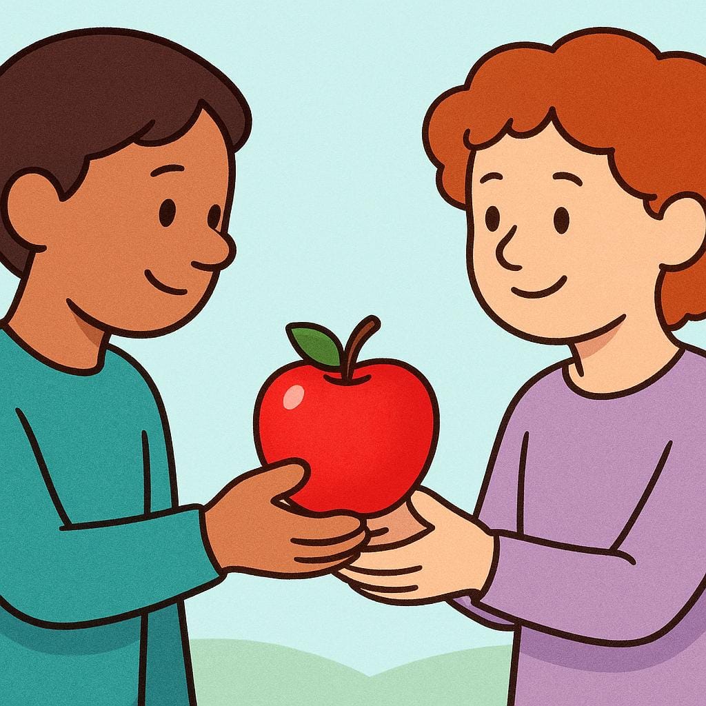Uma ilustração simples mostrando uma pessoa estendendo a mão para dar uma maçã vermelha brilhante a outra pessoa.