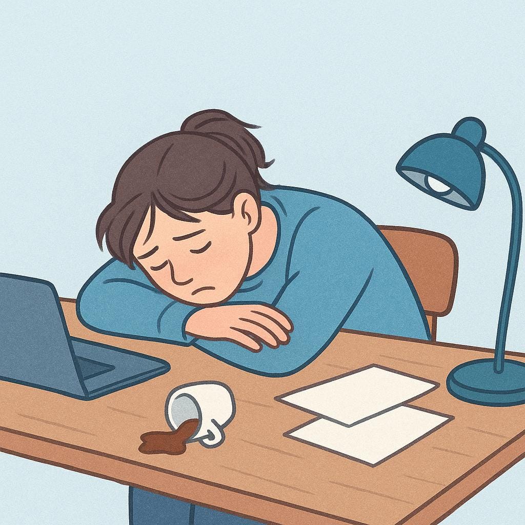 A storybook illustration of a student completely exhausted, slumped over a wooden desk with their eyes closed.