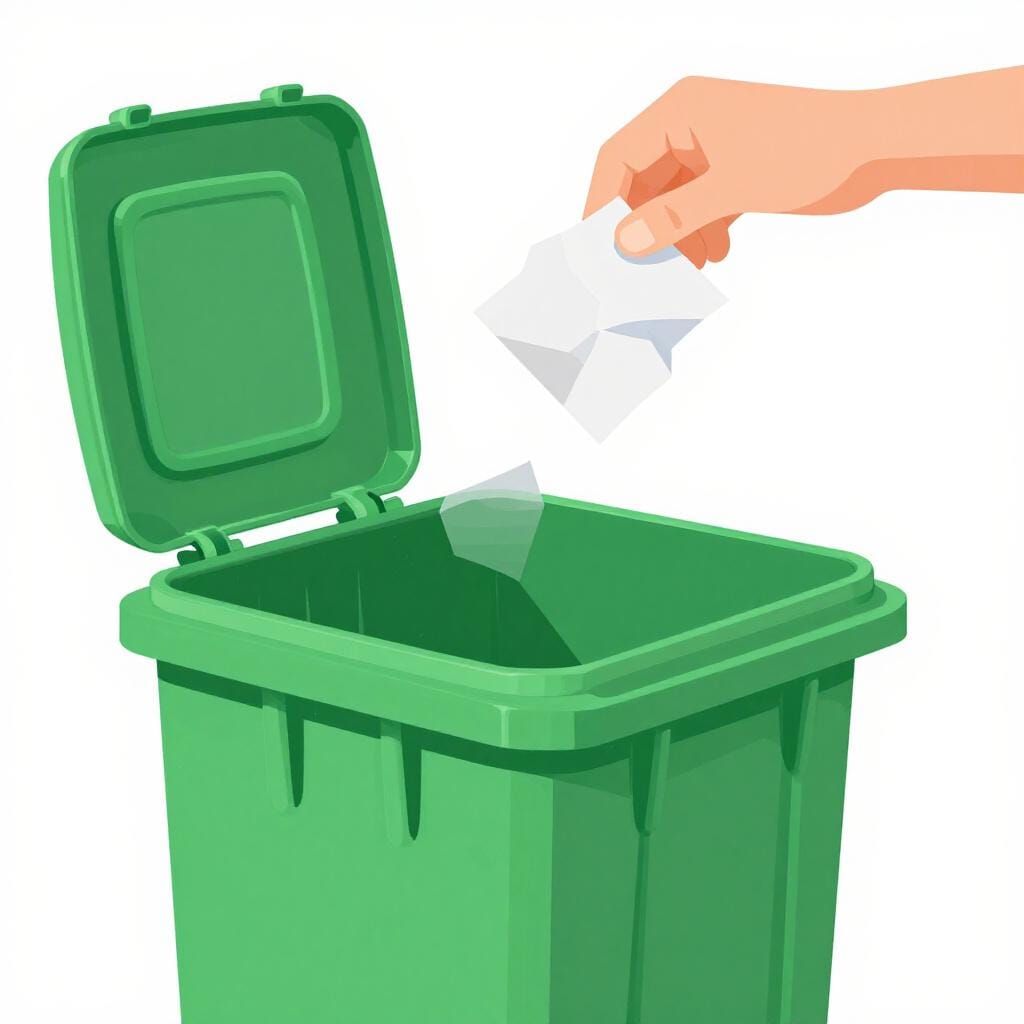 Uma pessoa jogando um pedaço de papel amassado em uma lixeira de reciclagem verde.