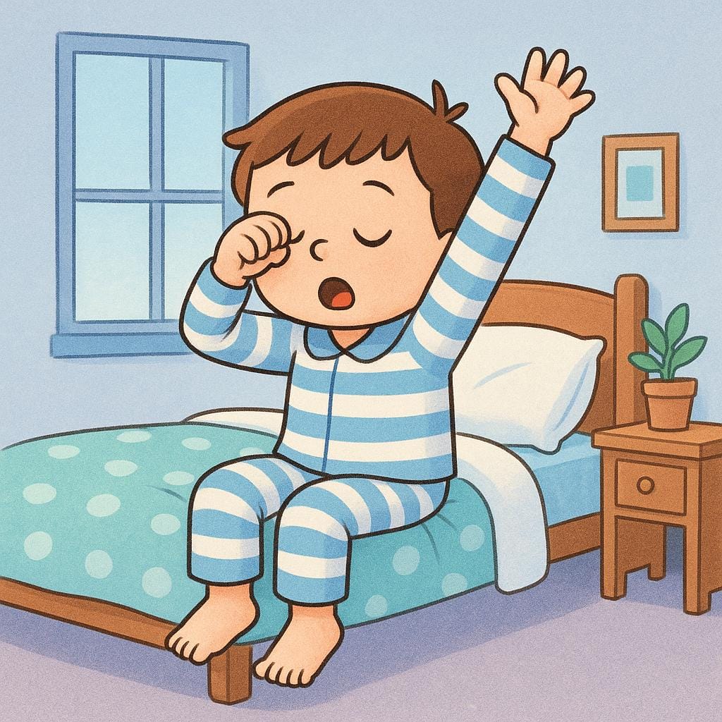 A figure sitting up in a messy bed, yawning widely and stretching their arms high above their head, indicating they have just finished sleeping.