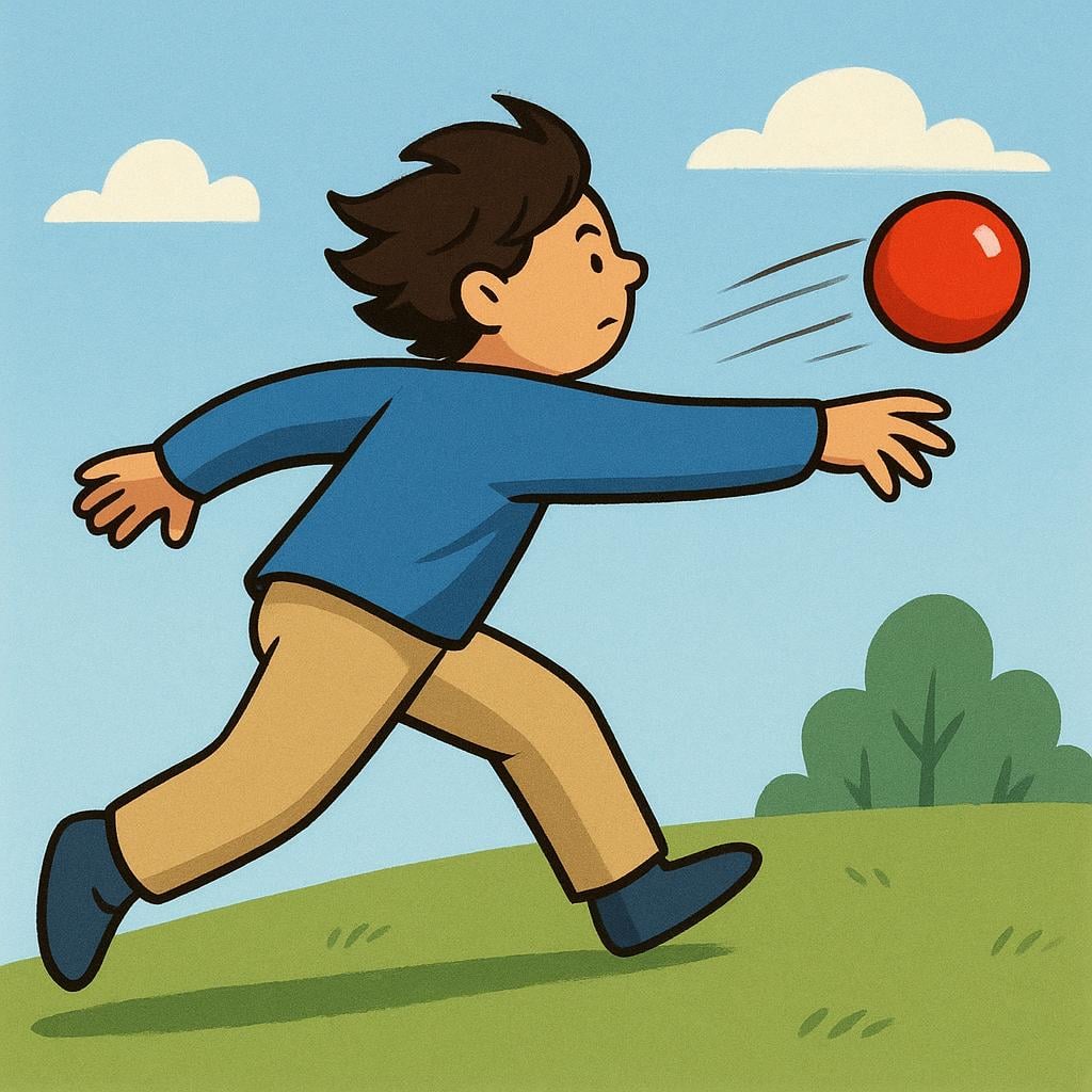 A figure in motion, winding up to throw a bright red ball across an open field.