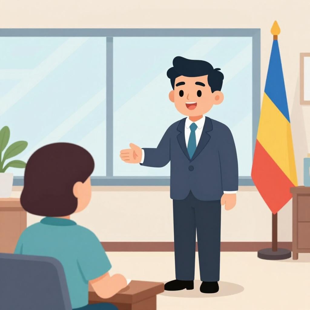 A diplomat in a suit shaking hands with another person in front of a flag in a formal office setting.