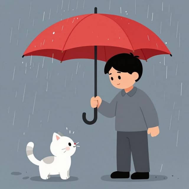 Eine freundliche Person hält einen großen Regenschirm über ein kleines, zitterndes Kätzchen im Regen.