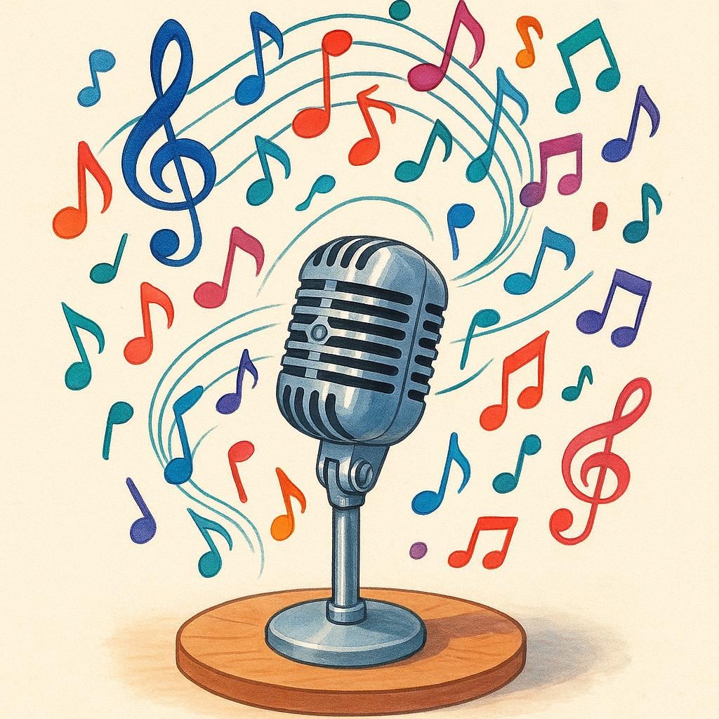 A vintage microphone standing on a stage, surrounded by swirling, colorful musical notation symbols.