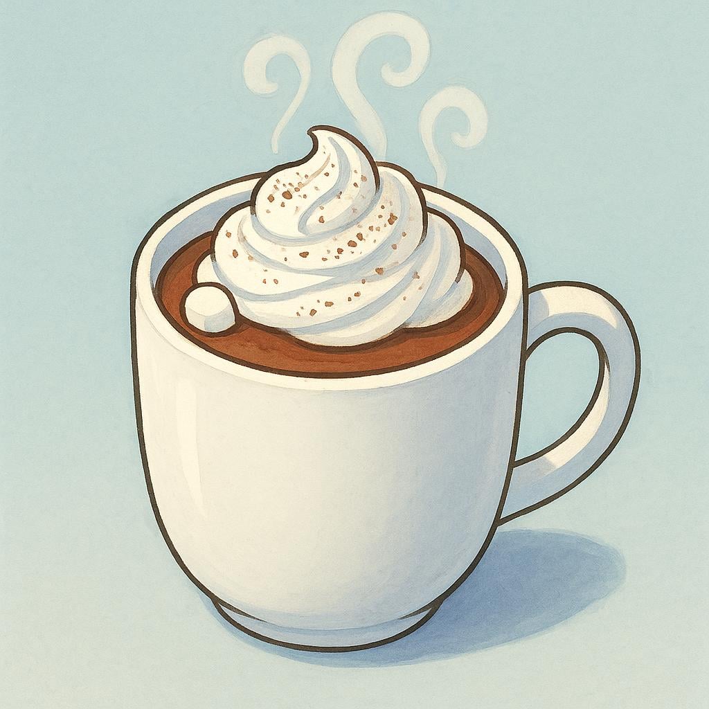 A steaming white ceramic mug filled with dark hot chocolate, topped with a swirl of whipped cream.