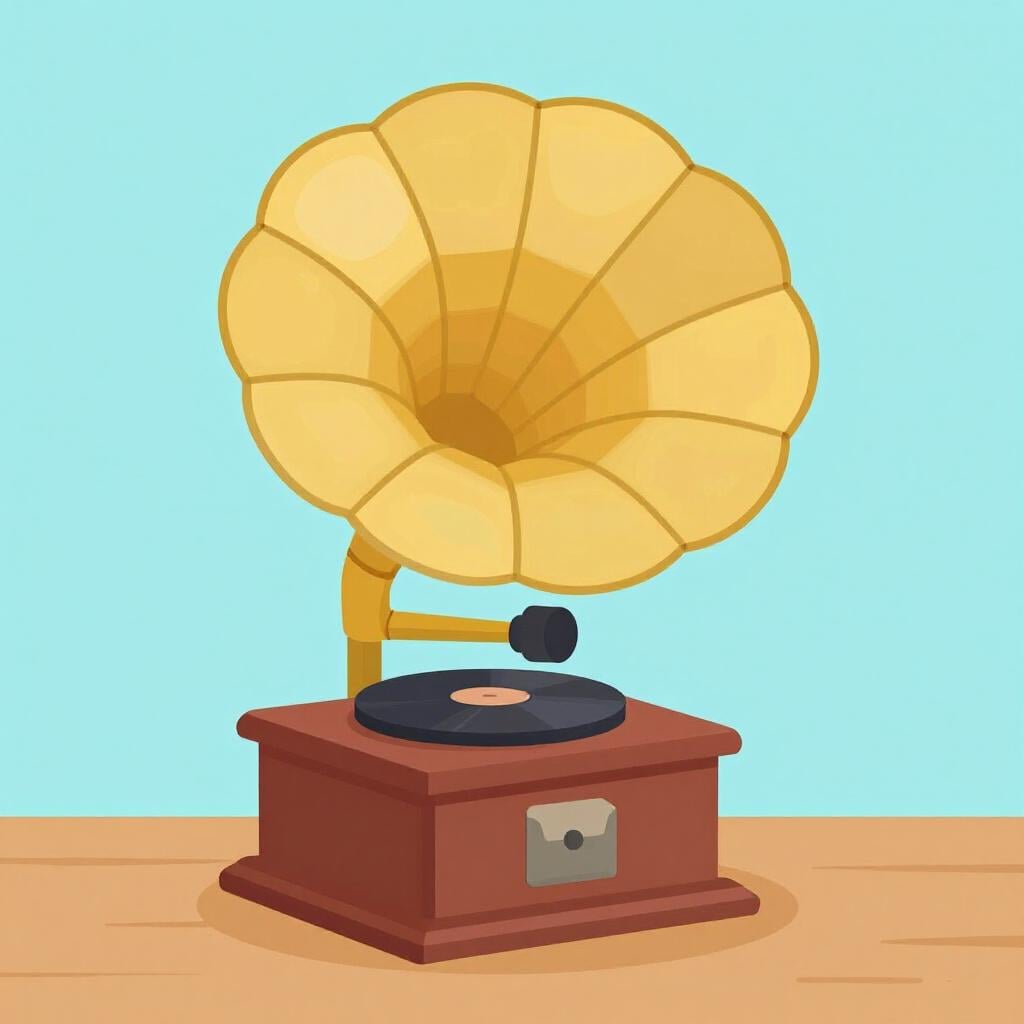 A classic gramophone with a brass horn sitting on a wooden table.