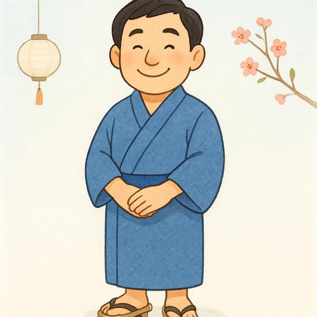 A friendly, smiling man of Japanese descent, wearing a traditional blue yukata.
