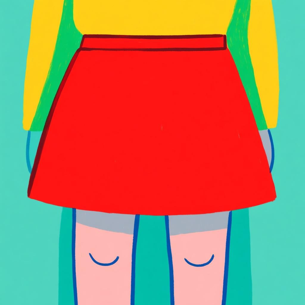 The bottom half of a figure wearing a bright red skirt that precisely reaches the top of the knees, illustrating physical extent.