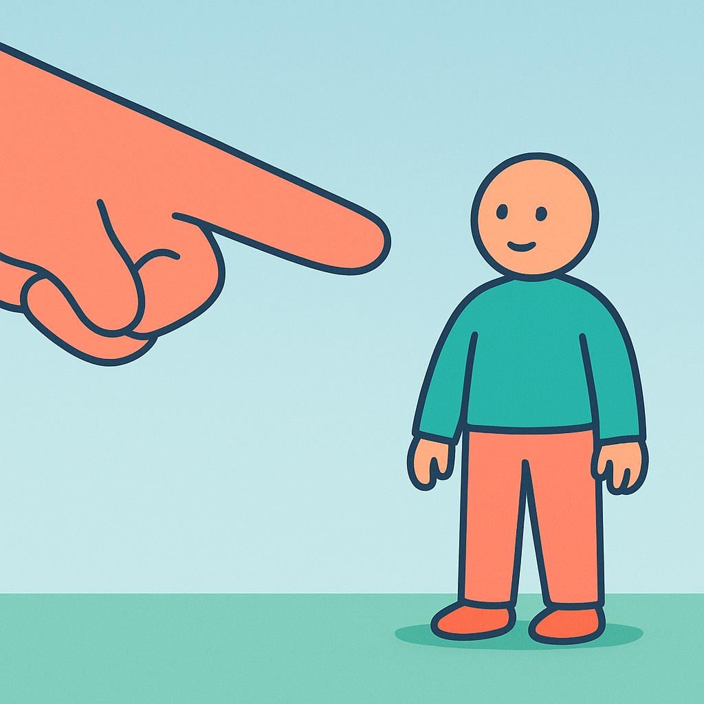 A high quality storybook illustration showing a single person being highlighted or singled out by a large, stylized pointing finger.