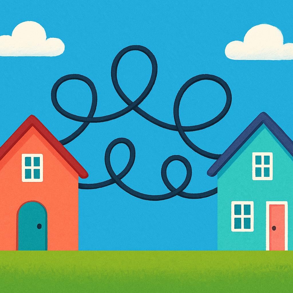 A high quality simple colorful storybook illustration showing two simple, colorful houses connected by thick, looping telephone wires against a bright blue sky.