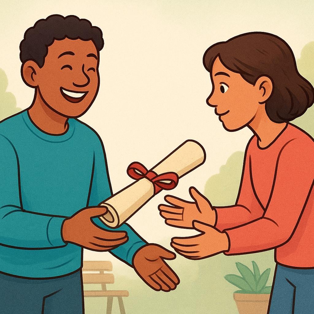 A cheerful figure handing a tightly rolled scroll of paper, symbolizing news or a report, to another figure who is listening intently.