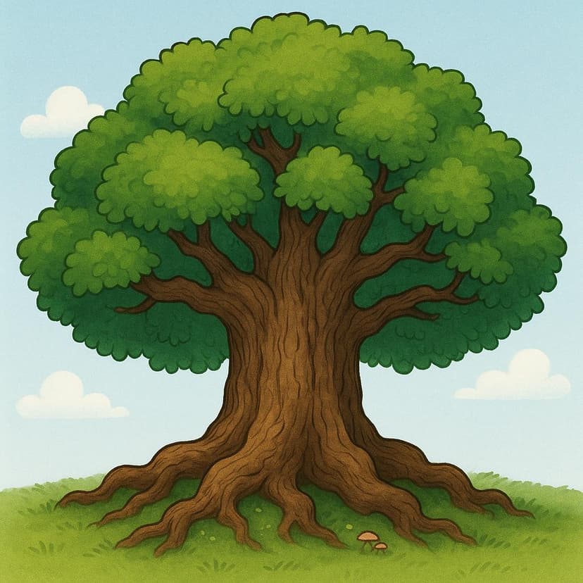 A massive, ancient oak tree with deep roots and lush green leaves, symbolizing endurance and long duration.