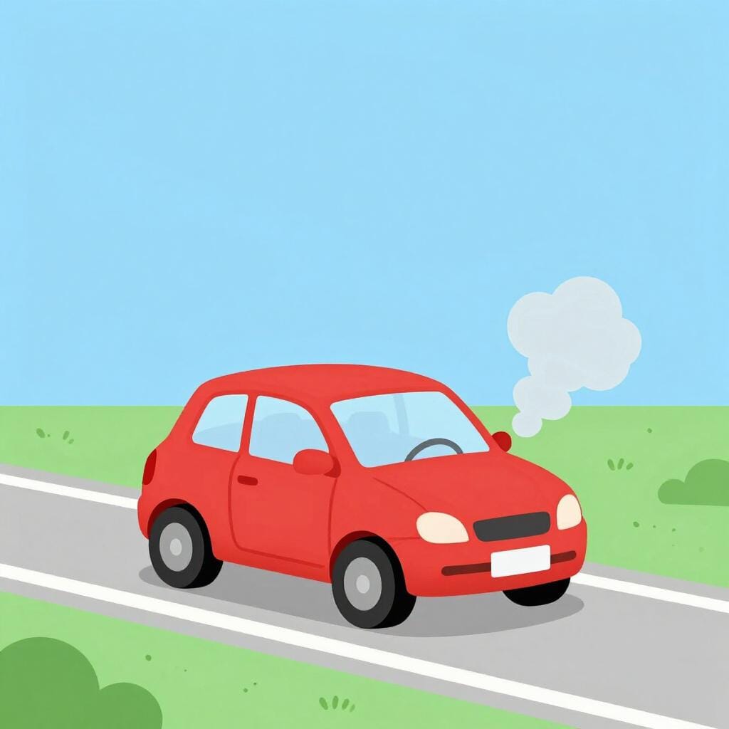 Ein kleiner roter Wagen mit Rauch, der unter der Motorhaube hervorkommt, auf einer einfachen Straße angehalten.