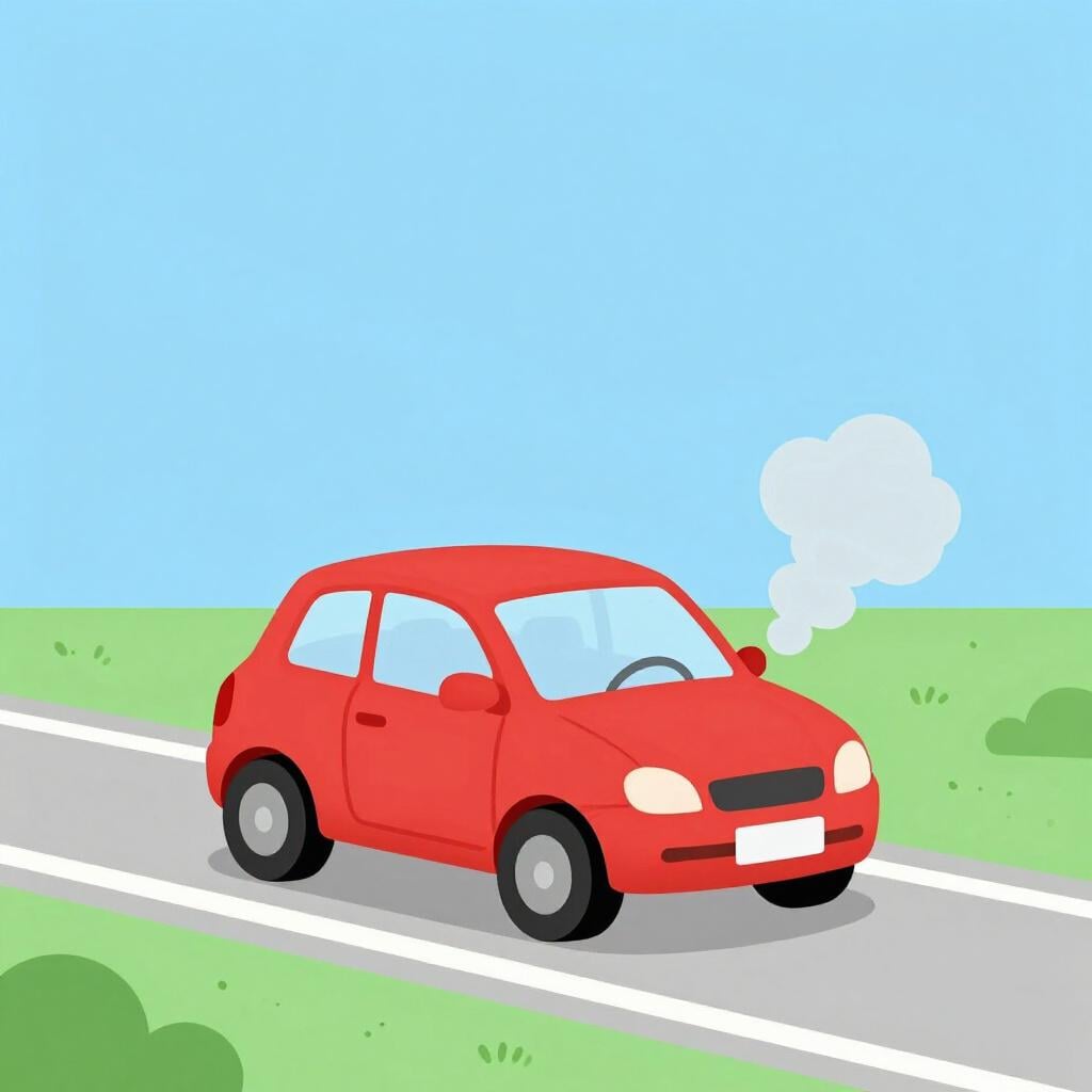 A small red car with smoke coming from under the hood, stopped on a simple road.