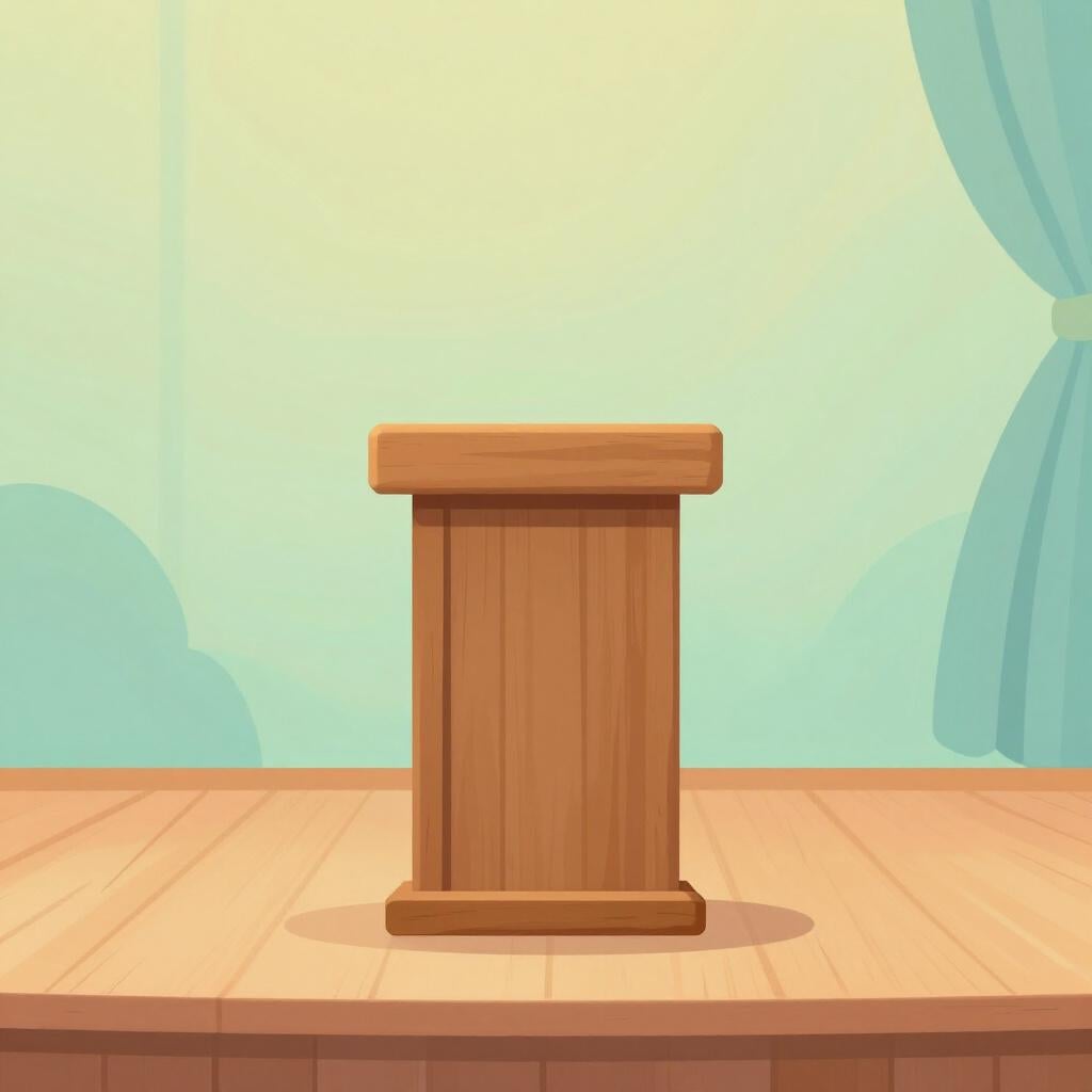 Eine hölzerne Sprecherplattform mit einem Mikrofonständer.