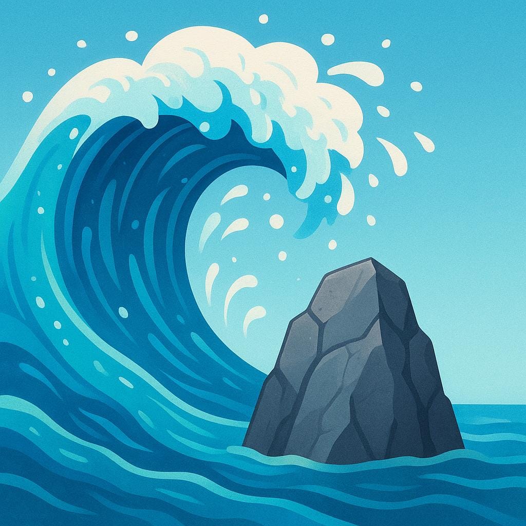 A massive, stylized blue ocean wave violently crashes against a solitary, rugged gray rock, illustrating raw, rough force.