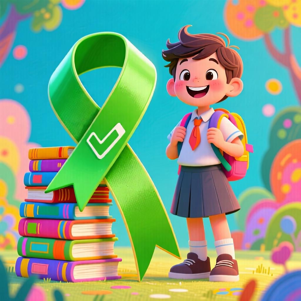 A smiling student next to a stylized success ribbon and a stack of colorful books, indicating academic achievement.