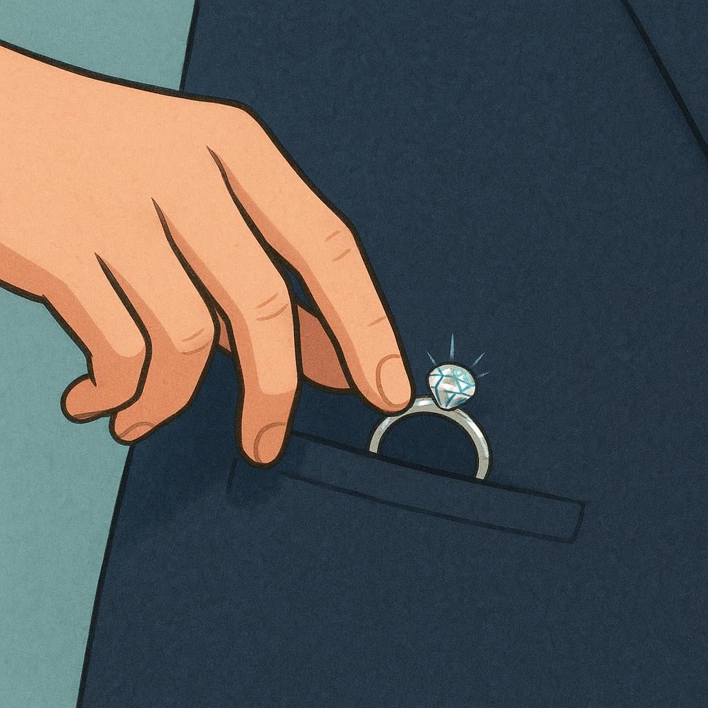 A close-up view of a hand discreetly slipping a small, shiny diamond ring into the pocket of a dark coat.