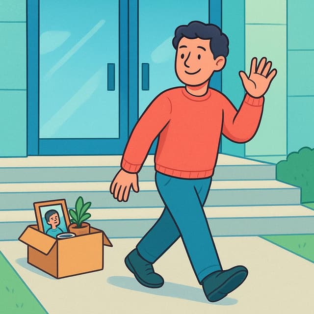 A smiling older adult holding a small box of personal items, waving goodbye as they walk away from a large, closed office building entrance.