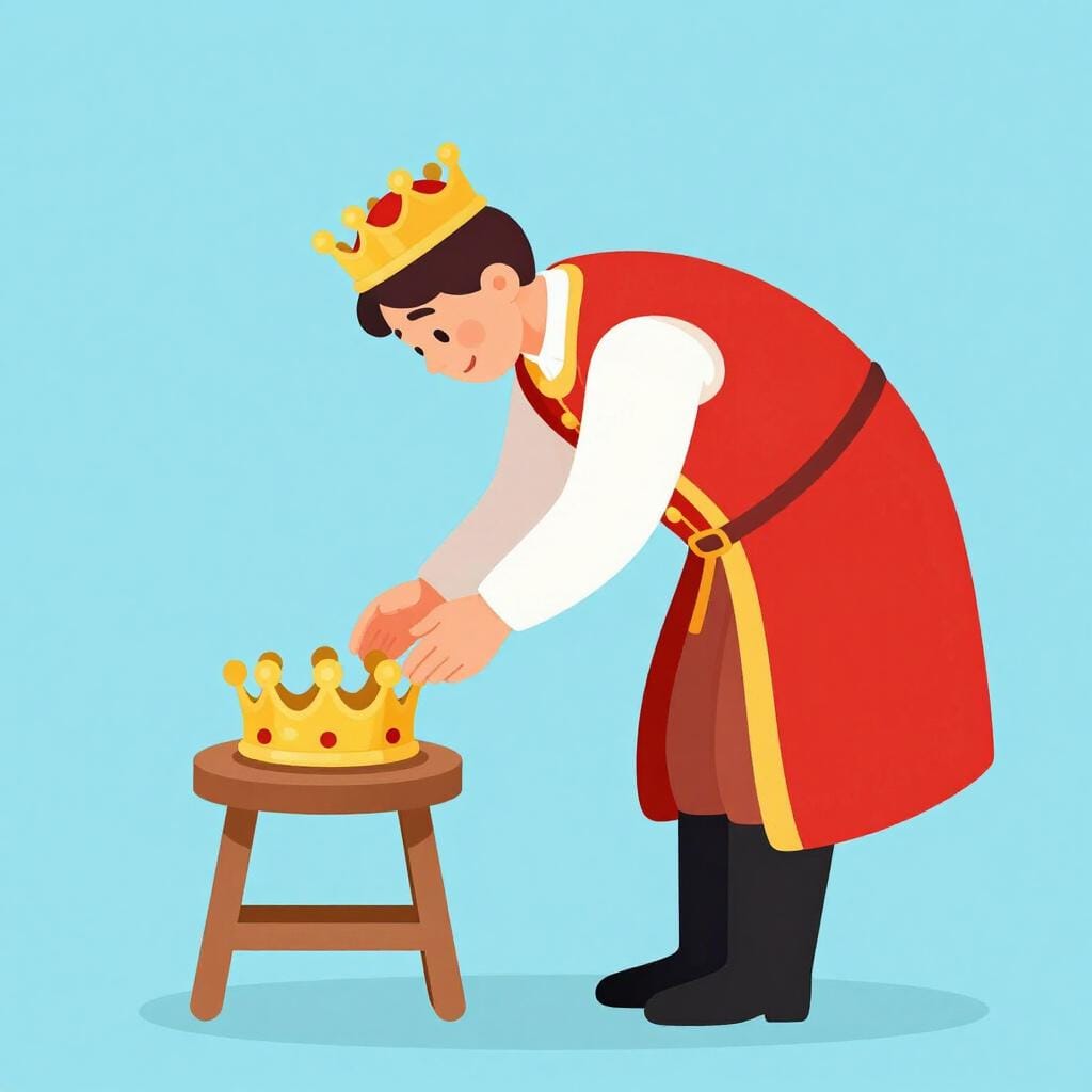 A proud king bowing his head and setting down his crown.