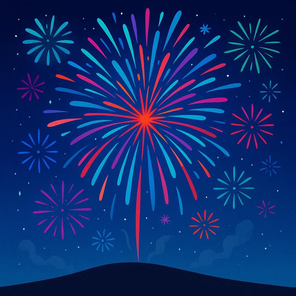 A massive, colorful fireworks display exploding high above a dark, simple landscape.