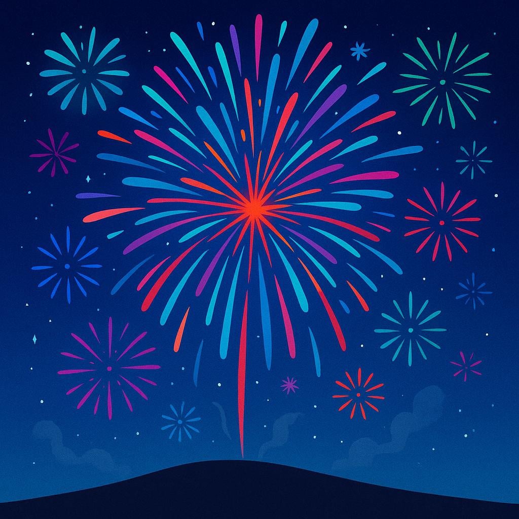 A massive, colorful fireworks display exploding high above a dark, simple landscape.