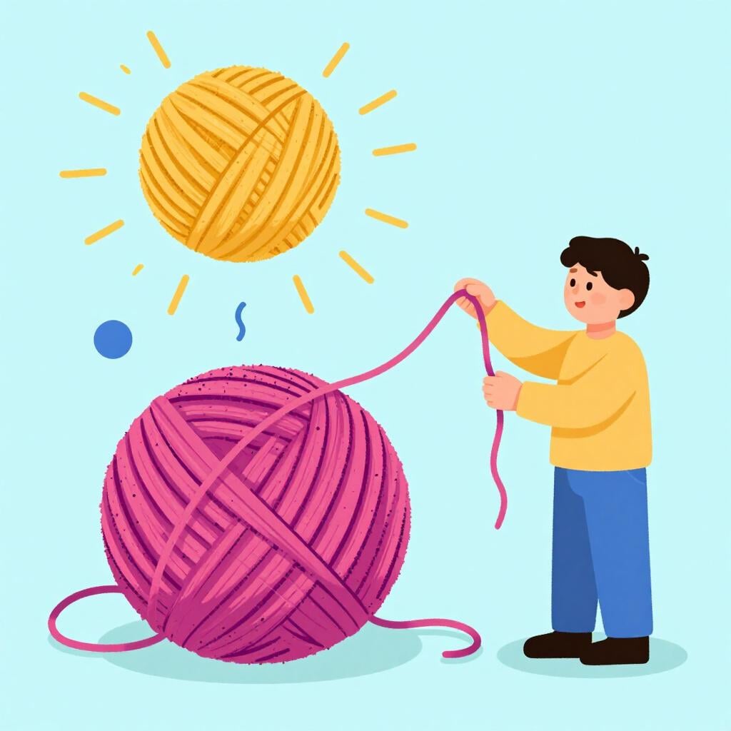 A person standing in front of a giant tangled knot, holding a single loose thread to begin untying it.