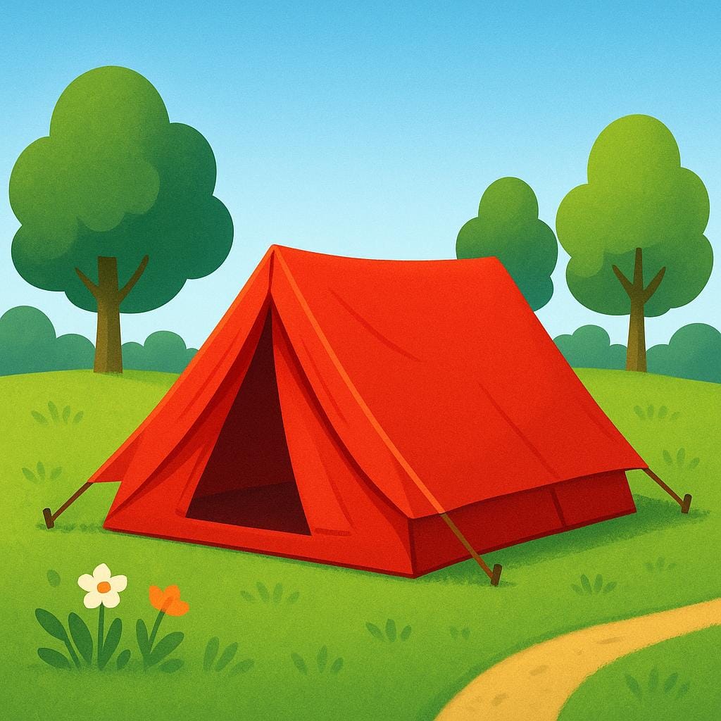 A simple illustration of a red camping tent pitched outdoors in a grassy field with trees in the background.