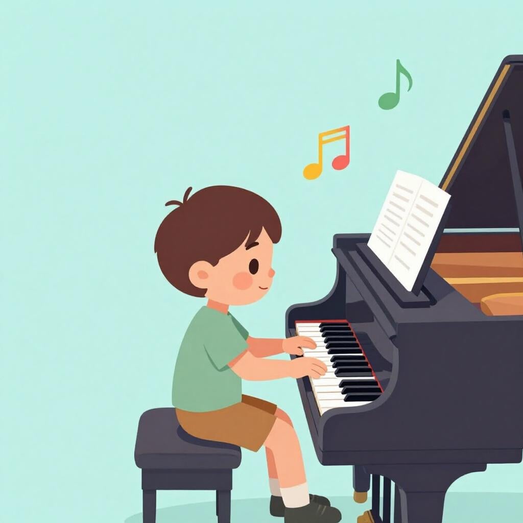 A child playing a grand piano with focus and ease, surrounded by musical notes.