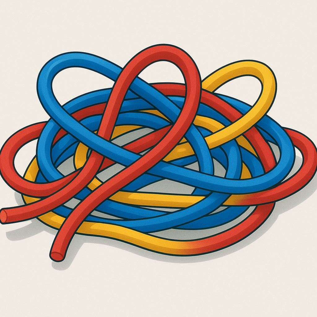 A close-up of several thick, brightly colored electrical cables bundled together, including red, blue, and yellow wires.