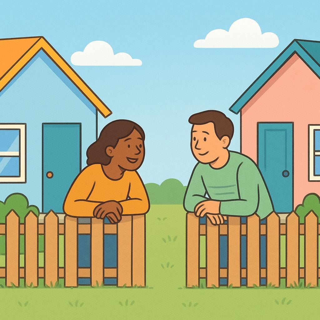 A simple storybook illustration showing two friendly people, a man and a woman, leaning over a low wooden fence between their colorful adjacent houses, engaged in conversation.
