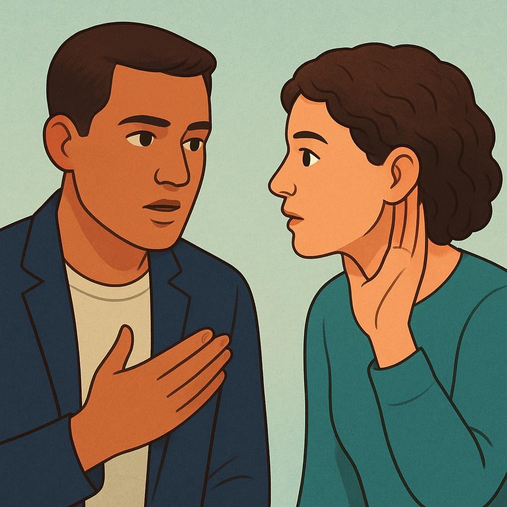 A colorful illustration showing one person speaking intently while a second person leans in, cupping their ear to ensure they hear every word.