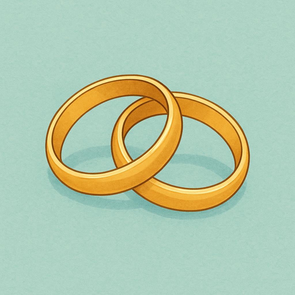 Two simple gold wedding rings interlocked against a plain background, symbolizing a marital or civil partnership.