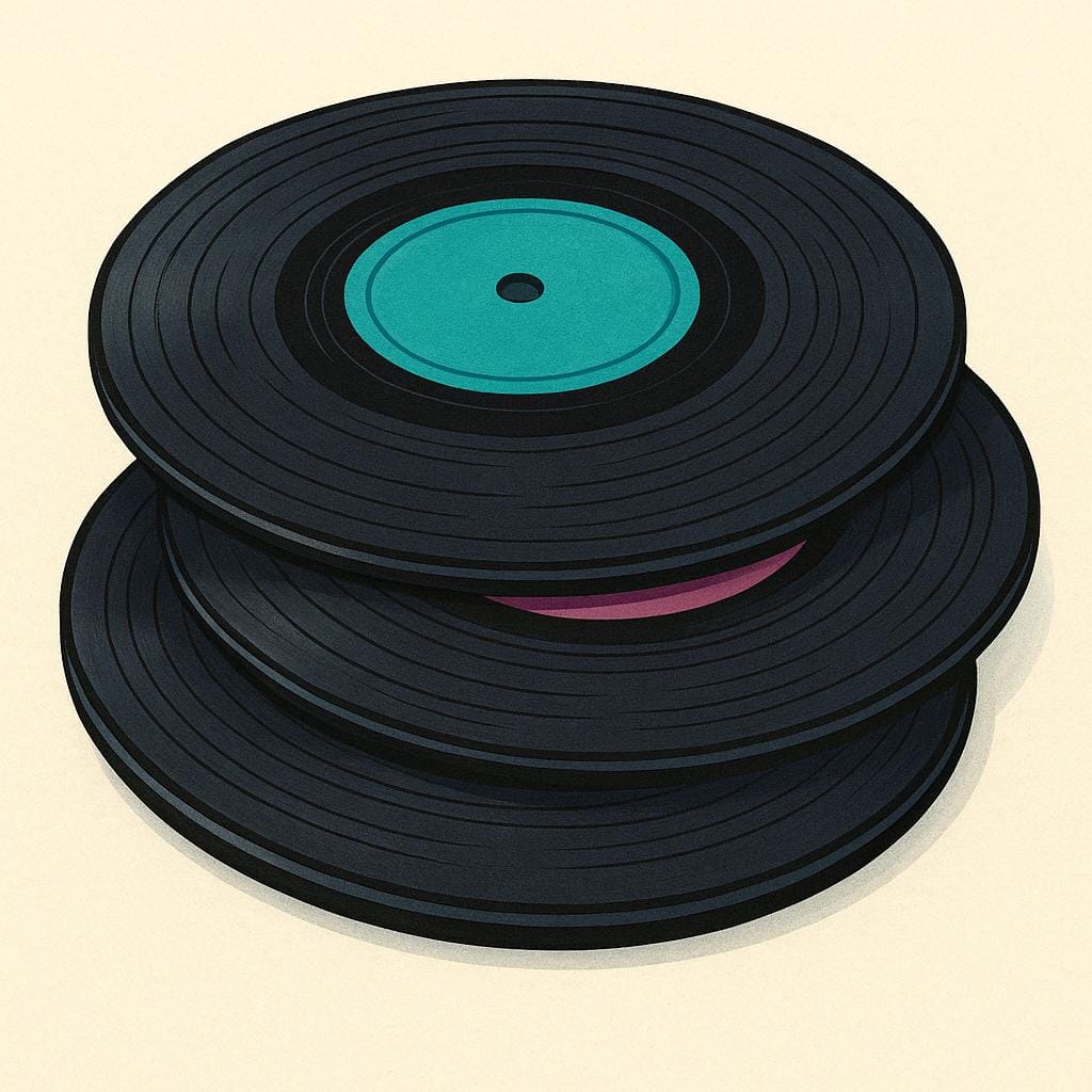A stack of three colorful vinyl records resting on a simple background.
