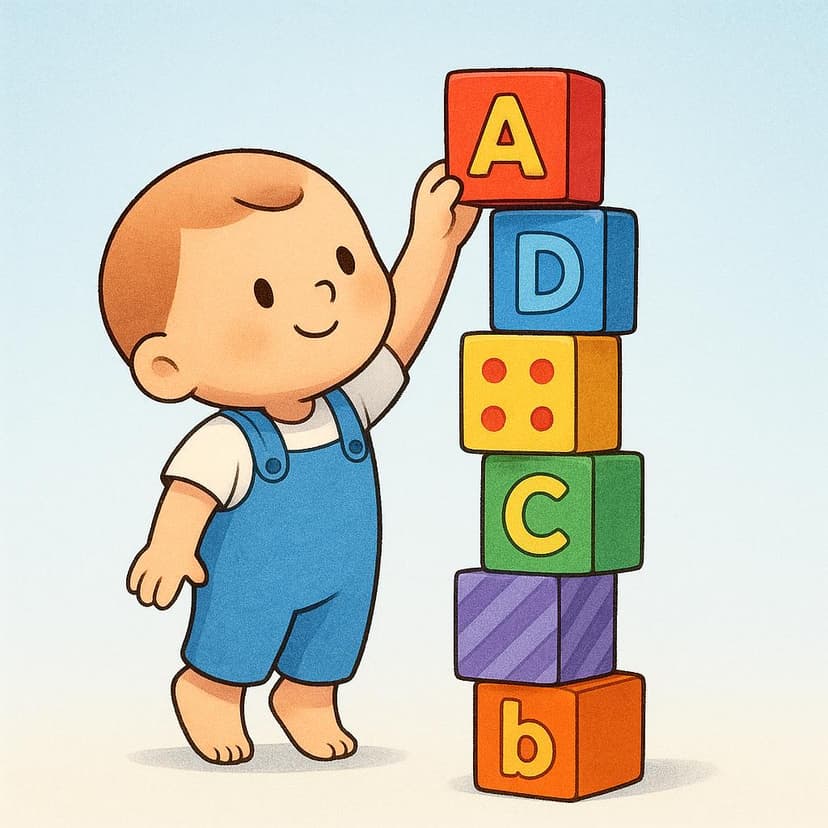 A cheerful cartoon figure actively placing the final, single block onto the top of a colorful, already constructed tower of blocks.