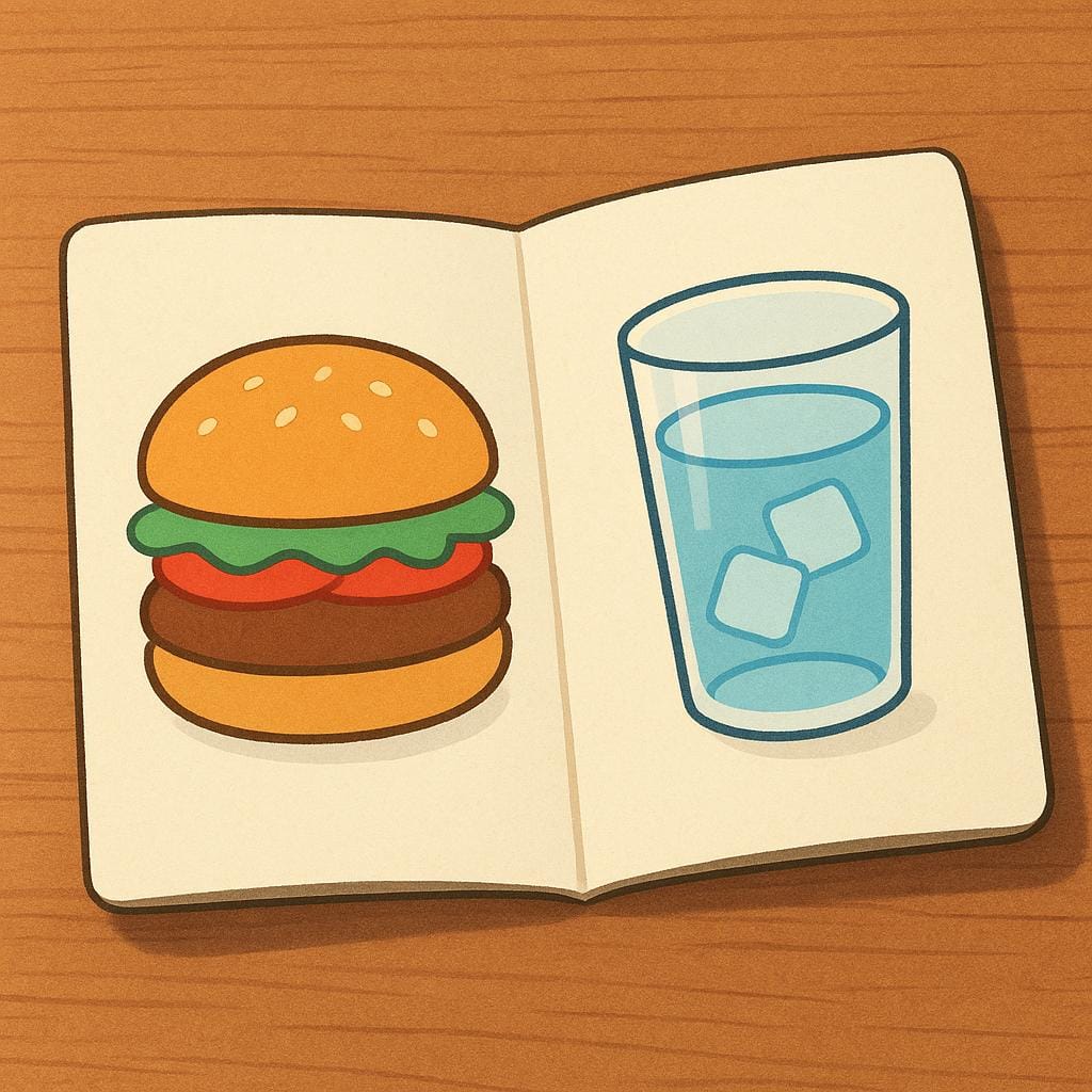 テーブルの上に開かれた折りたたまれた紙のメニューが置かれており、食べ物の簡単な漫画のアイコンが表示されているカラフルな絵本風のイラスト。