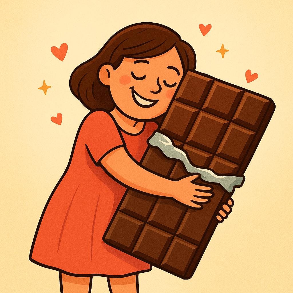 Una donna felice che abbraccia strettamente una gigantesca tavoletta di cioccolato rettangolare con uno sguardo di intensa adorazione e gioia.