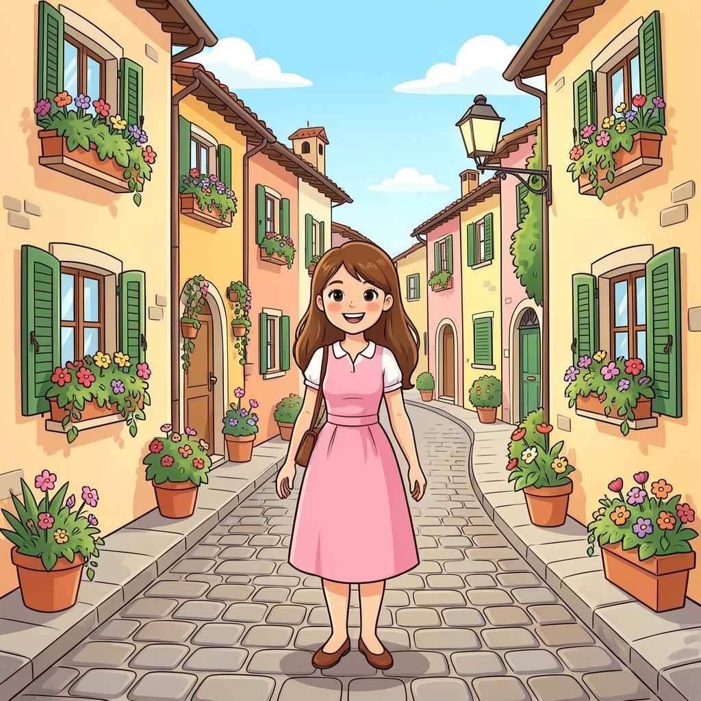 A woman with dark hair standing in front of a colorful Mediterranean-style building with flower boxes.