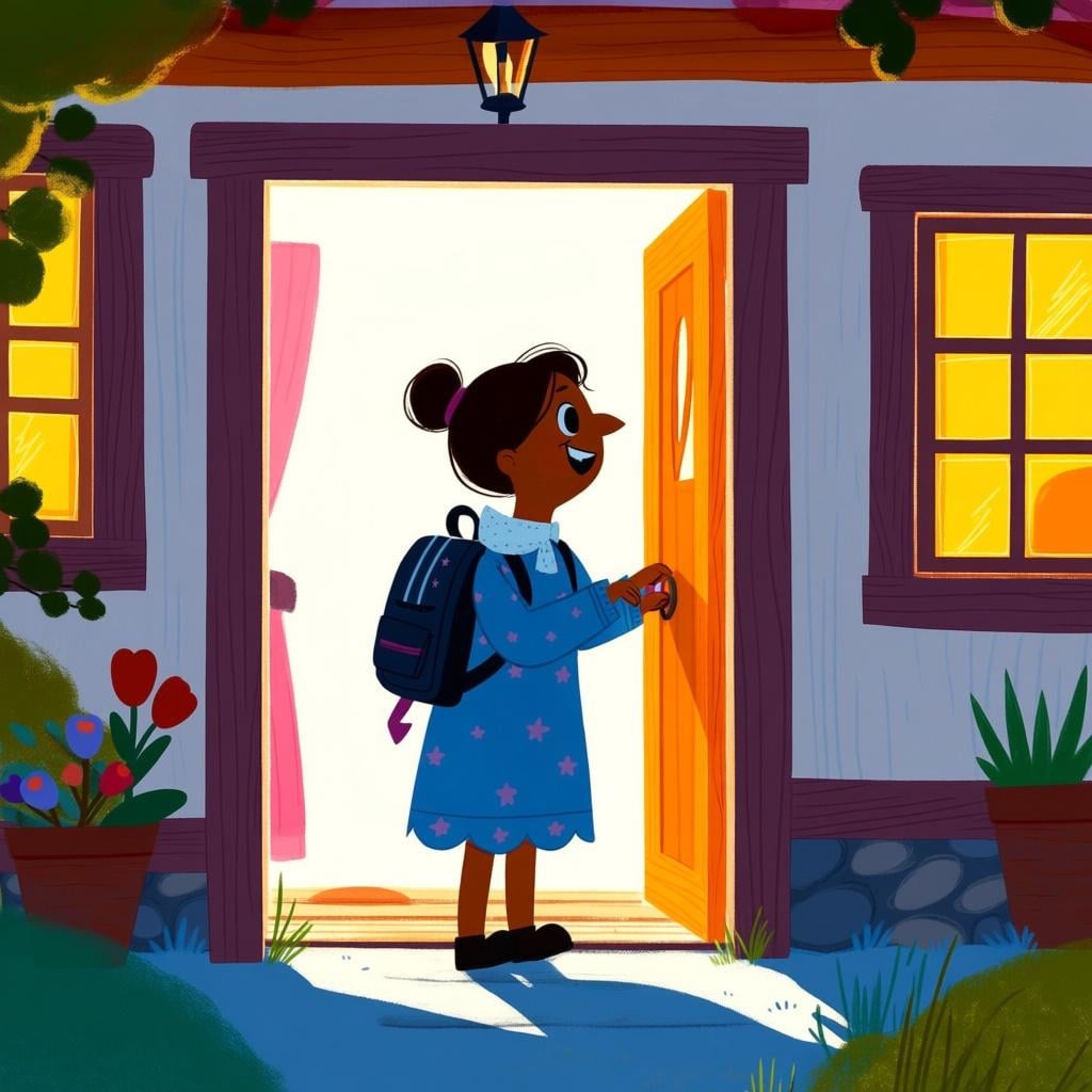 A smiling person with a backpack standing inside the brightly lit doorway of a cozy house, signifying that they have just arrived.