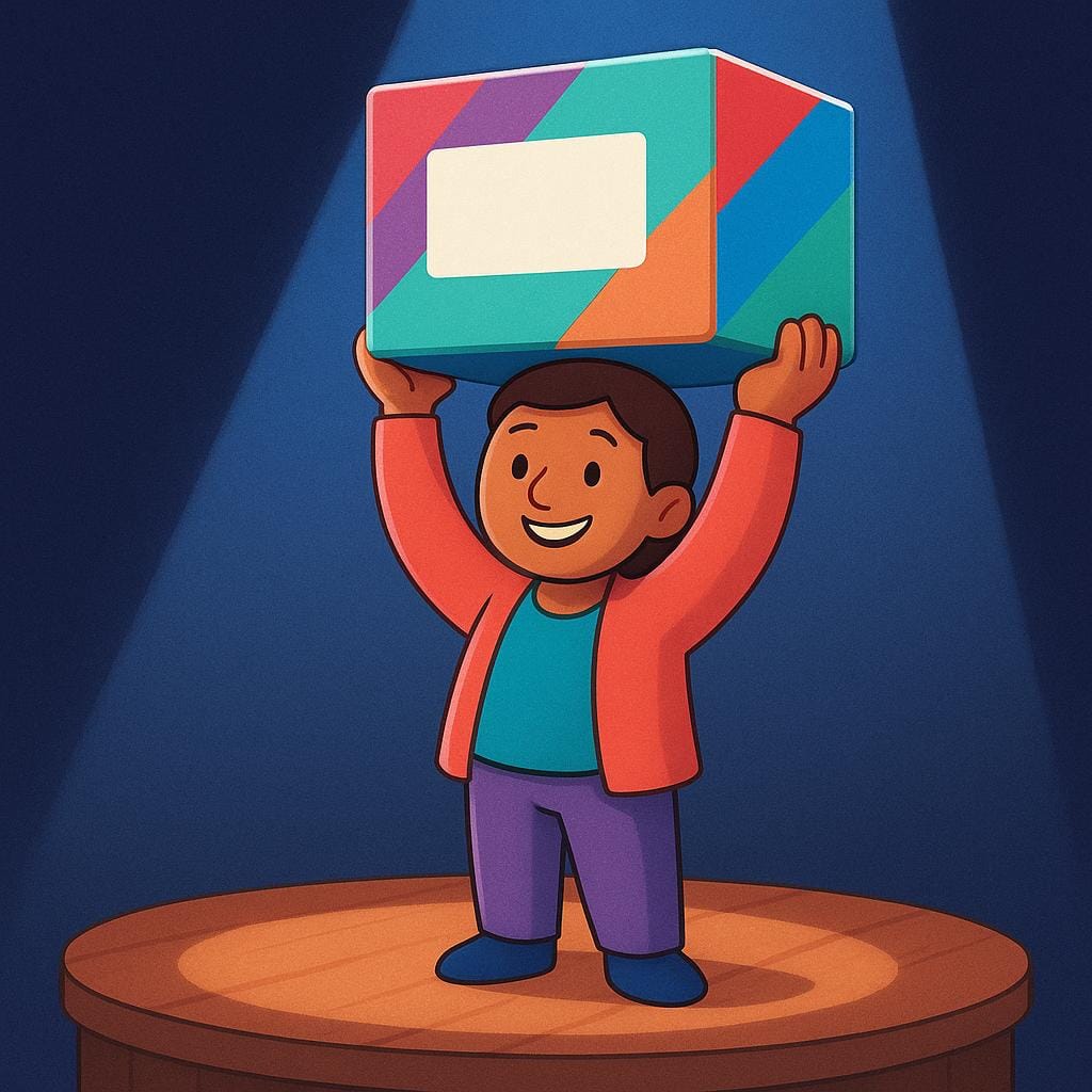 A person standing on a small stage under a spotlight, presenting a new product in a colorful box to an unseen audience.