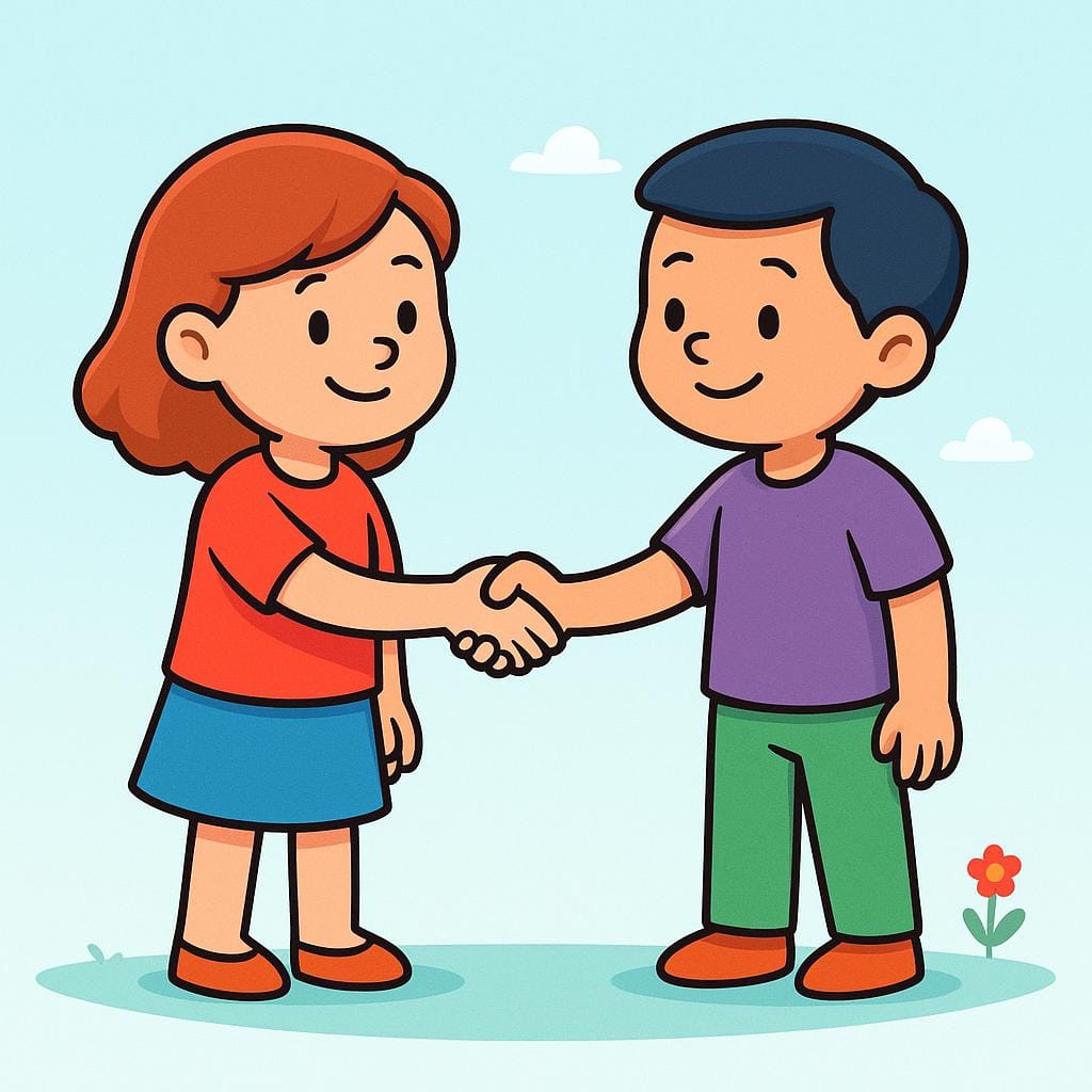 Due semplici figure stilizzate in piedi su un sentiero, che si avvicinano e si stringono la mano in un saluto amichevole.