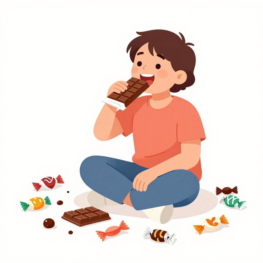 Eine bunte Illustration einer Person, umgeben von einem Berg Süßigkeitenverpackungen, die einen großen Schokoriegel hält.