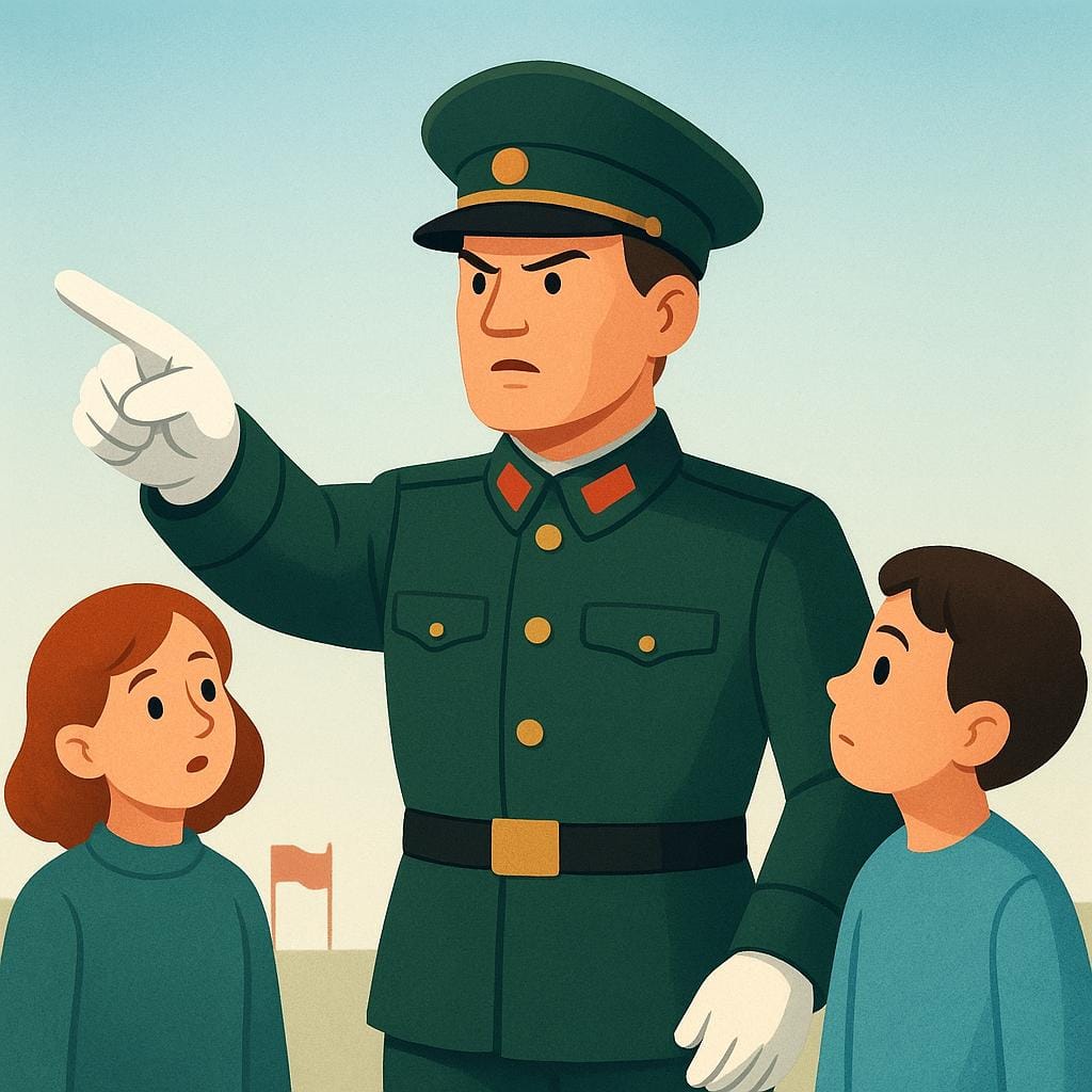 A stern military officer standing tall, pointing a gloved hand forward with a determined expression, commanding attention.