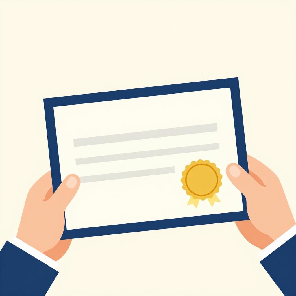 A person's hands carefully holding a thick paper document with a gold seal.